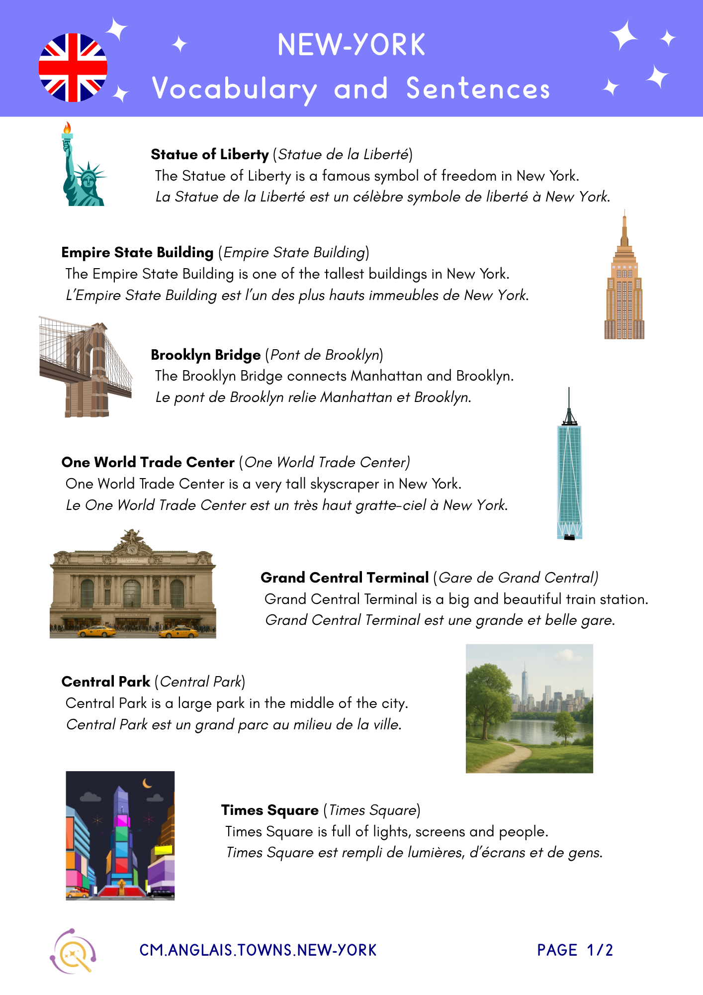 Anglais CM1 / CM2 — TOWNS — NY — SENTENCES